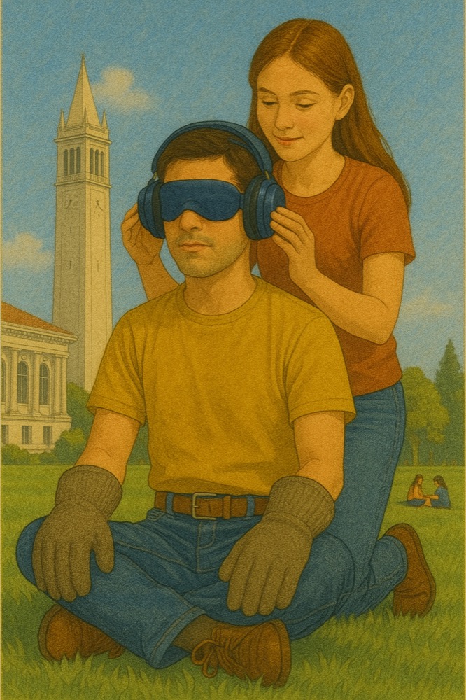 嗅覚実験のために、目隠し+イヤーマフ+分厚い手袋で視覚・聴覚・触覚の手がかりを封じているイメージ