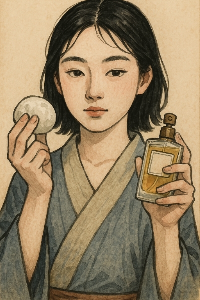 大福と香水を持った女の子