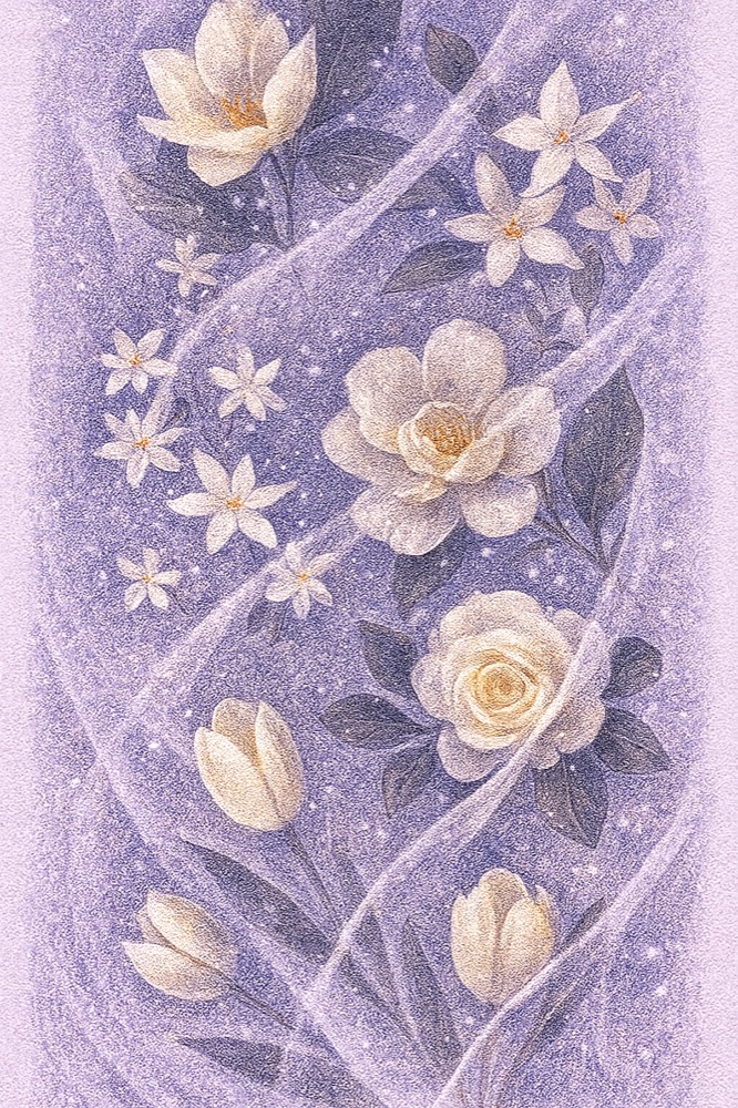 アイリスが白花を上品に整えるイメージ