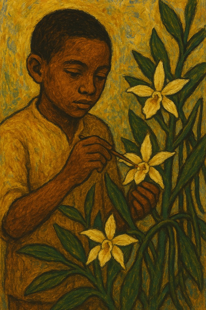 エドモンアルビウスがバニラの人工授粉をしているイメージ